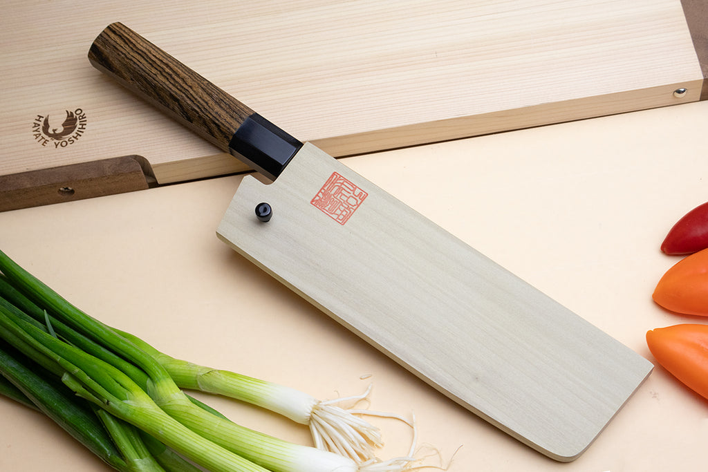 Japanese nakiri knife with cocobolo handle and silver blade, black bolster