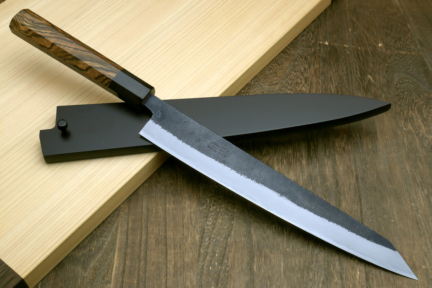 Japanese slicer knife with white-steel blade and black saya with cocobolo handle