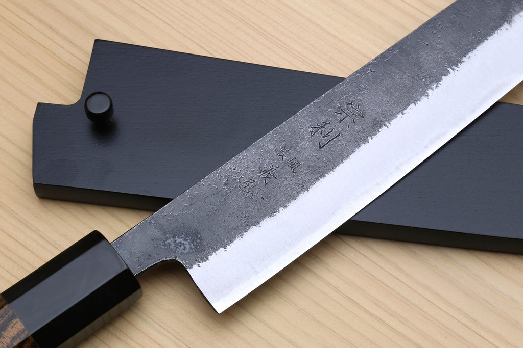 Japanese slicer knife with white-steel blade and black saya cover