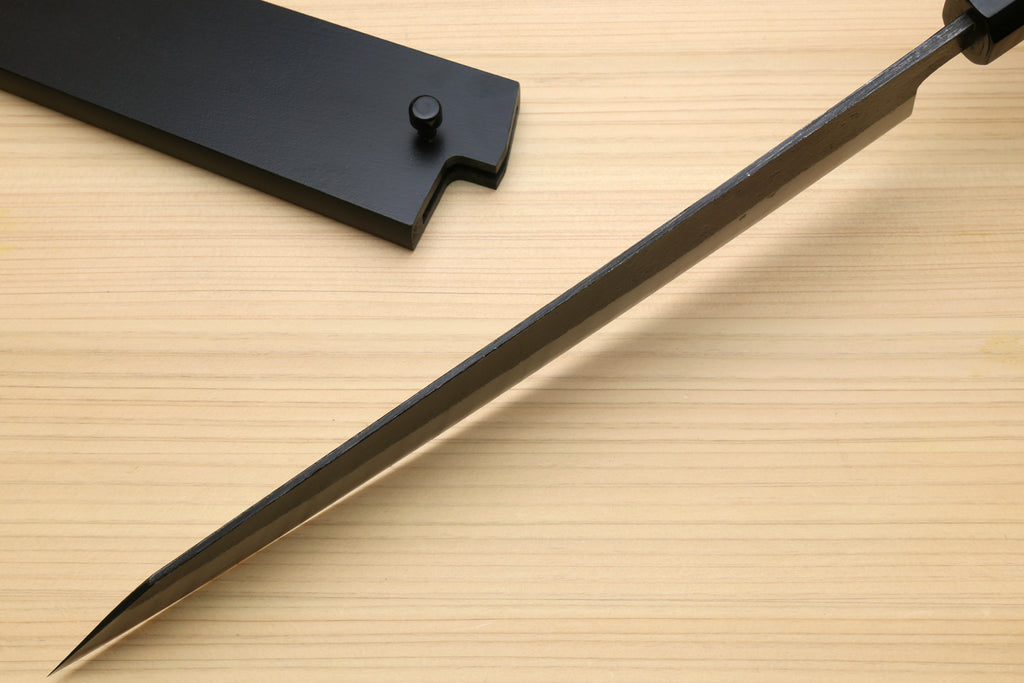 Japanese slicer knife with white-steel blade and black saya cover