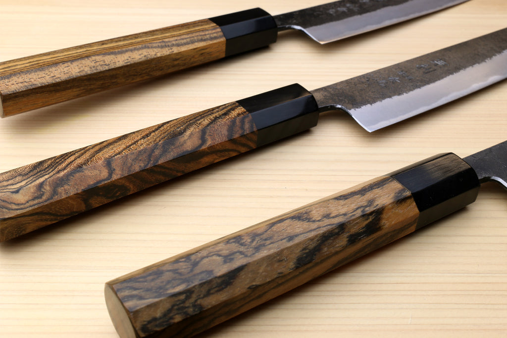 Japanese slicer knife with cocobolo wood handle and black saya cover