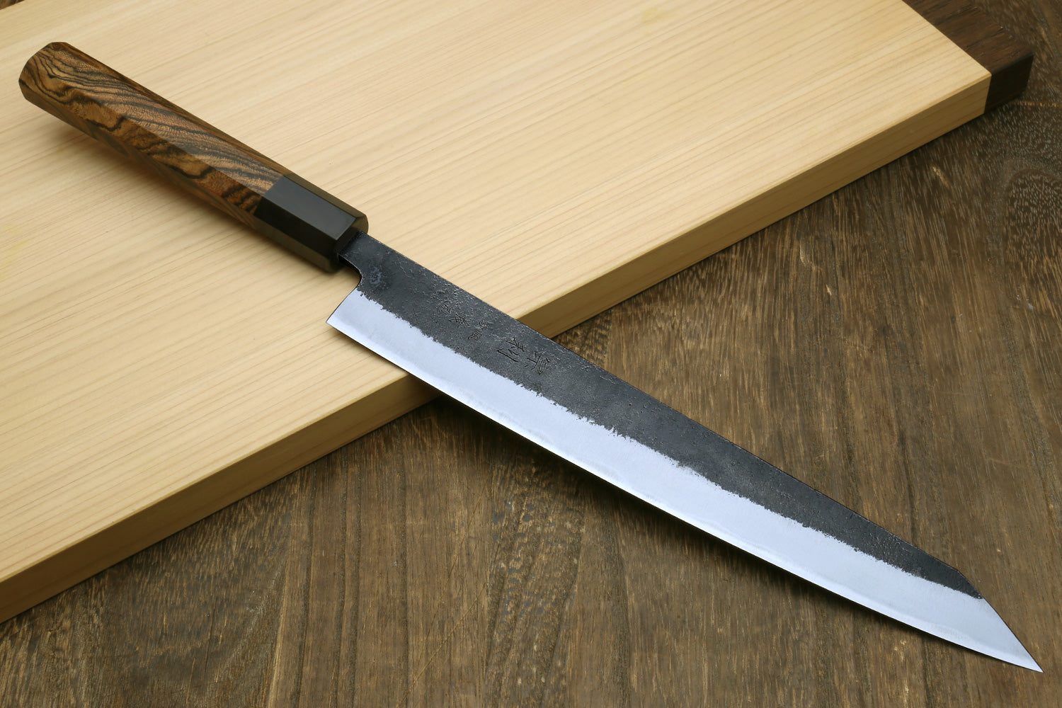 Japanese slicer knife with white-steel blade and cocobolo wood handle