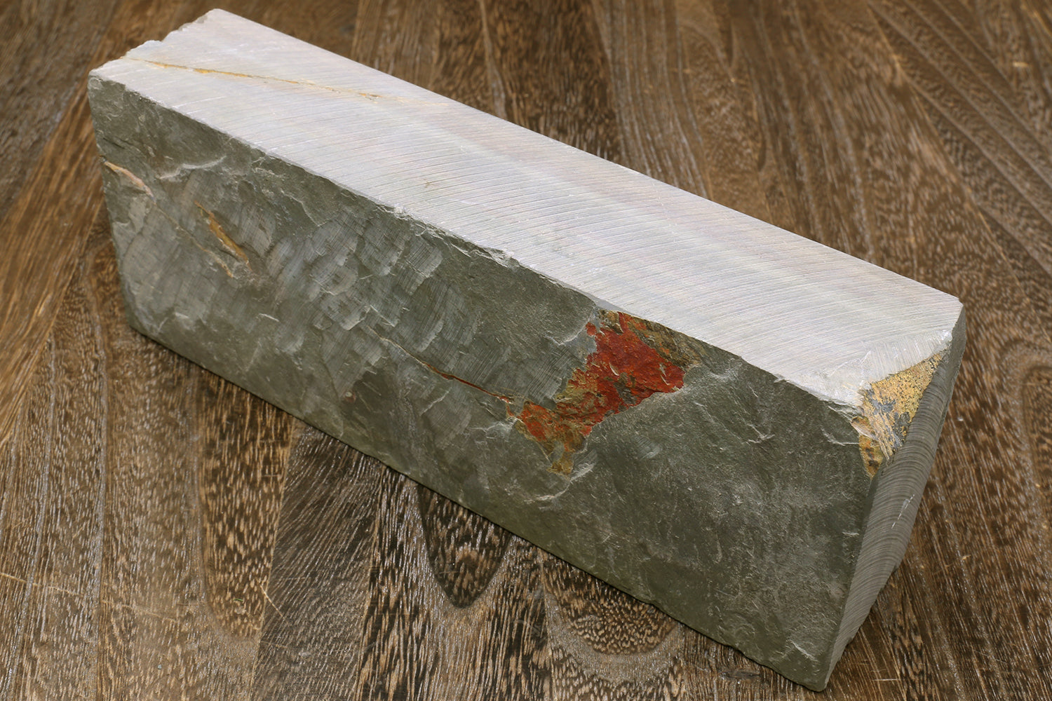 Natural whetstone sharpening stone, dark gray-green with white surface side, rectangular