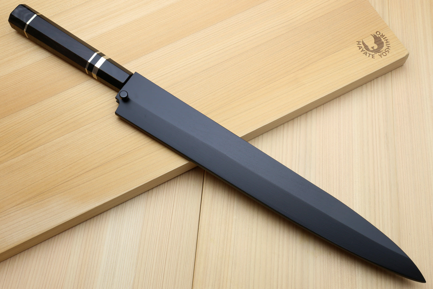 Yoshihiro yanagi sushi knife with mirror blade and black saya, ebony handle