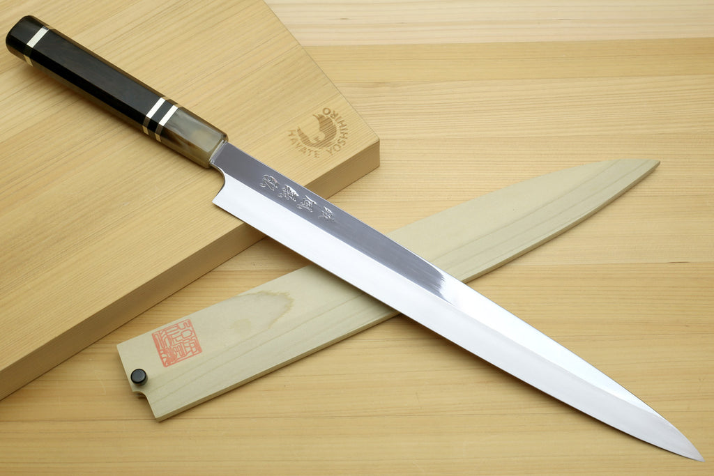 Yanagi sushi sashimi knife with mirror-finished steel blade and black triple-ring horn handle