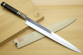 Yanagi sushi sashimi knife with mirror-finished steel blade and black triple-ring horn handle