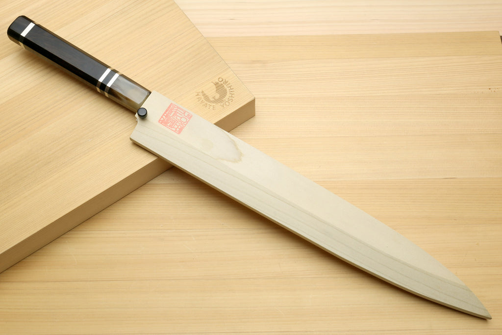 Yanagi sushi knife with mirror blade, dark horn handle, and wooden storage box