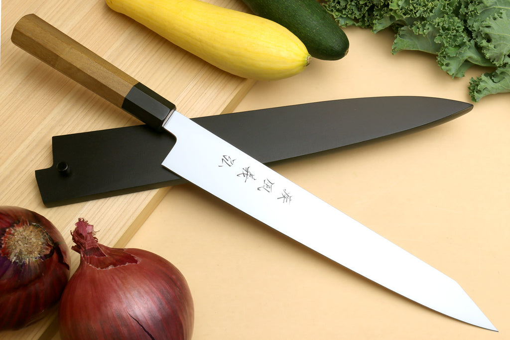 Japanese slicer knife with silver sujihiki-style blade and black handle spacer