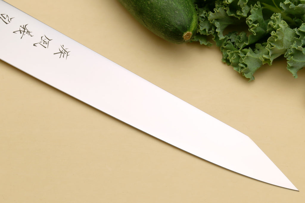 Japanese slicer knife with silver blade tip and etched side markings