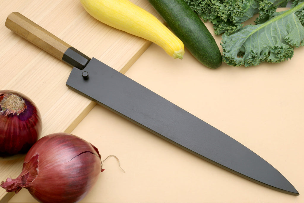 Japanese slicer knife with gray blade and wooden handle, black bolster and spacer