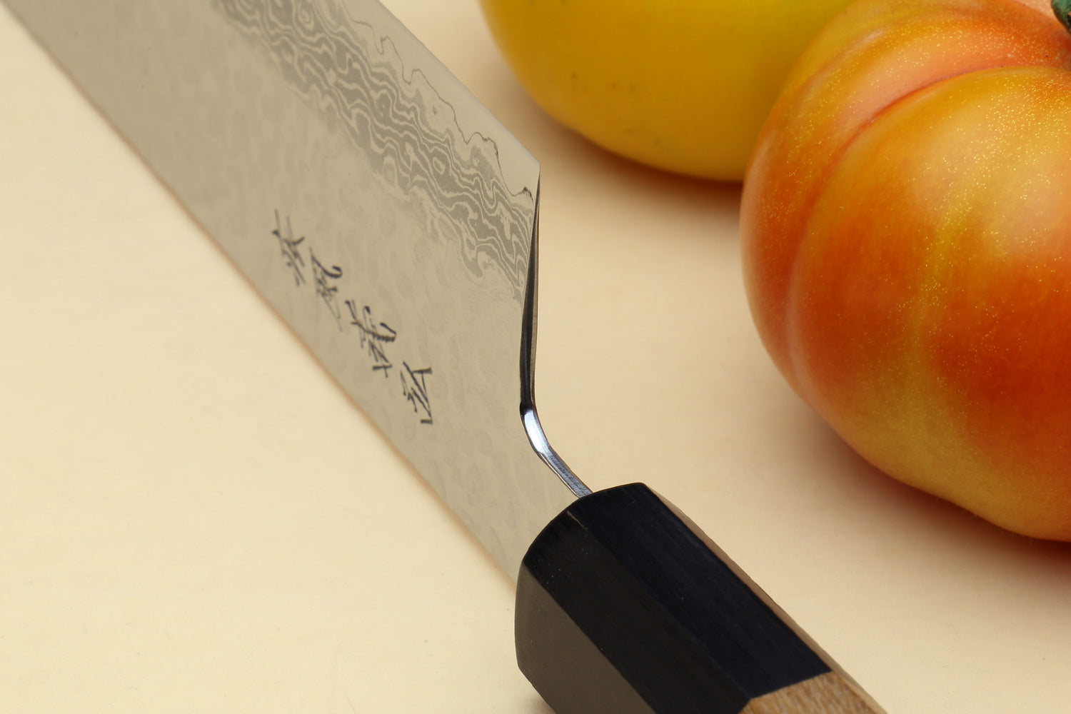 Nakiri vegetable knife with angled cutting edge, hammered Damascus steel, wood handle