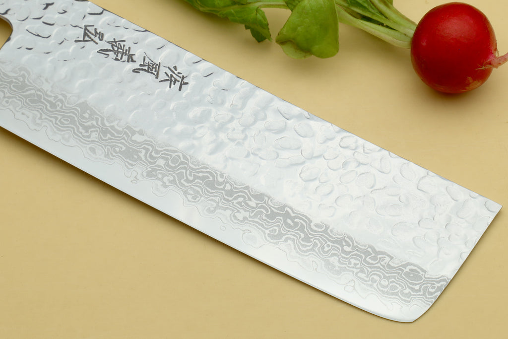Nakiri vegetable knife with hammered Damascus steel blade and dark rosewood handle