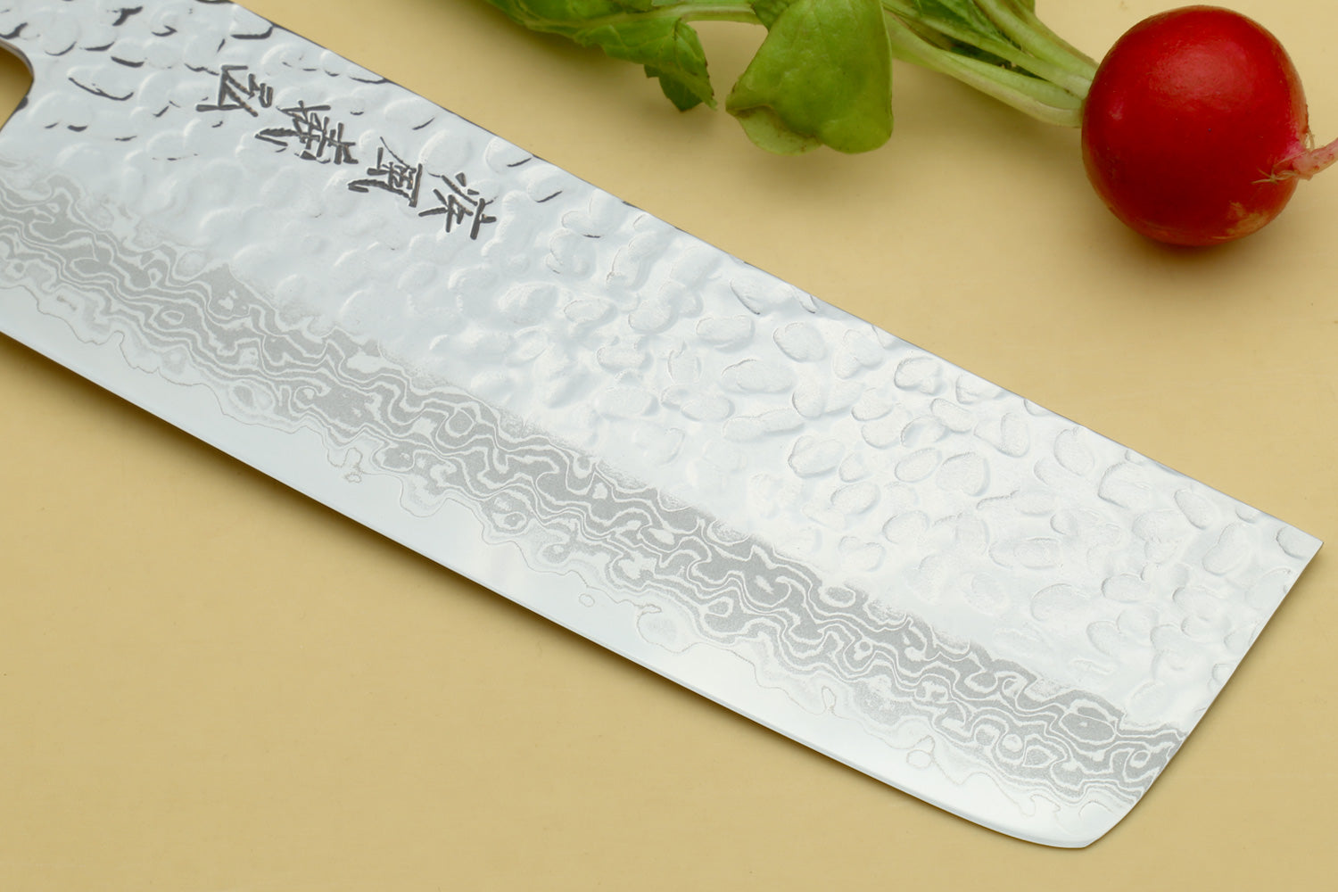 Nakiri vegetable knife with hammered Damascus steel blade and dark rosewood handle