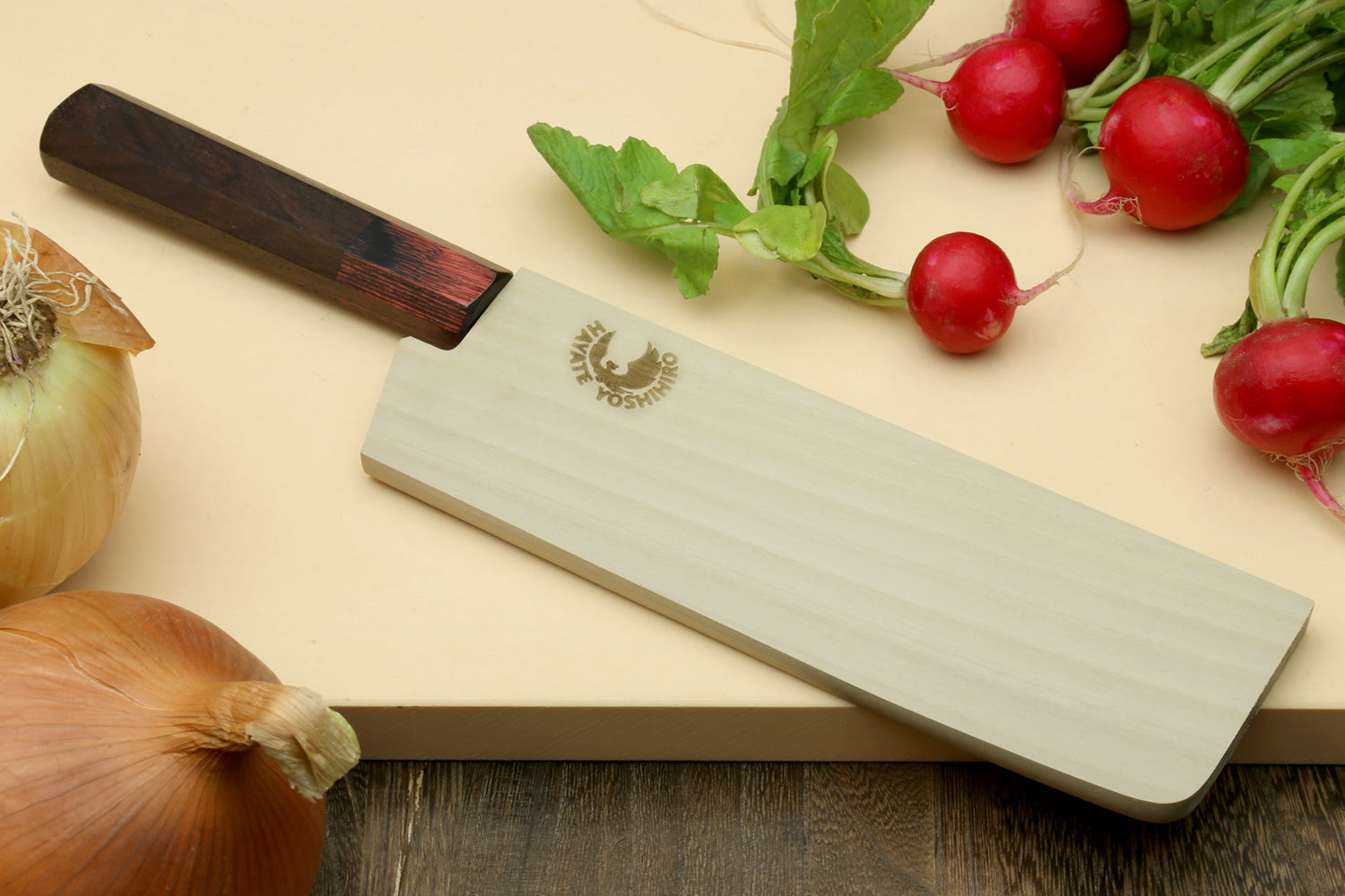 Nakiri vegetable knife with wide rectangular Damascus blade and dark rosewood handle