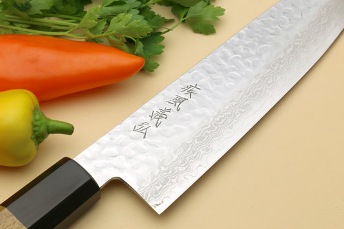 Damascus Santoku chef knife close-up of blade with engraved characters
