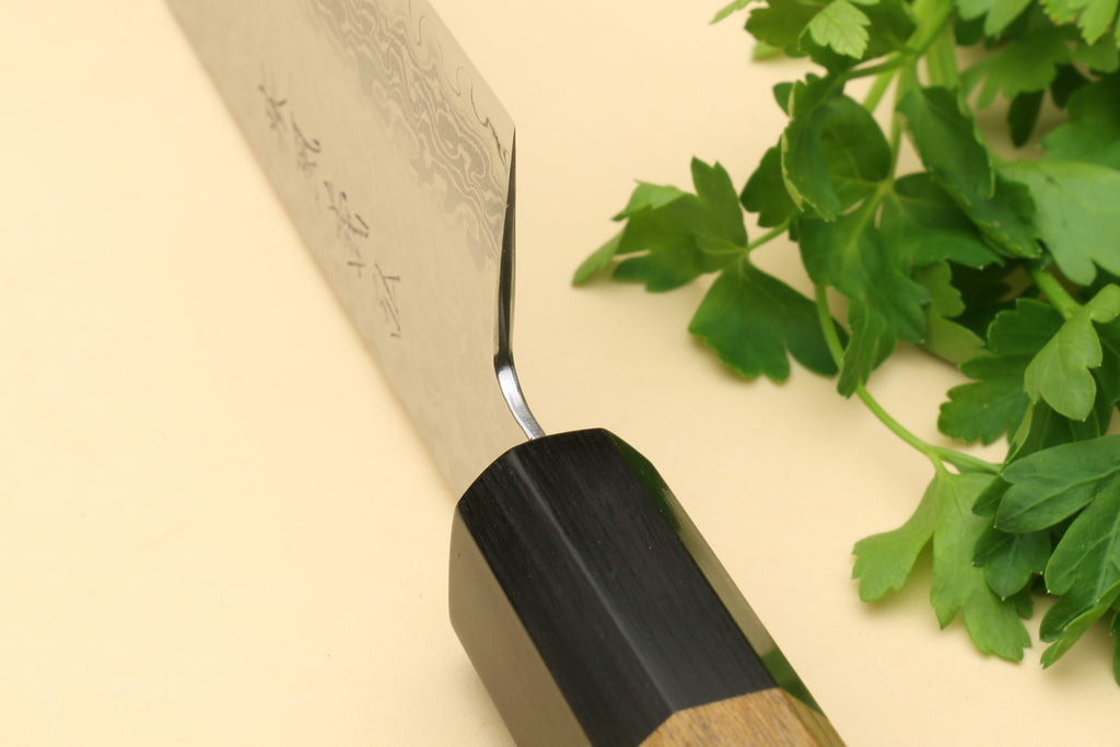 Santoku chef knife with hammered Damascus blade and octagonal wooden handle