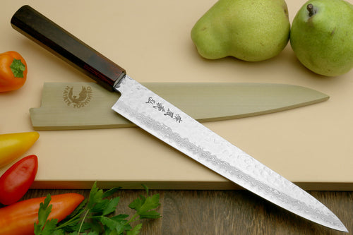 Japanese sujihiki slicer knife, hammered Damascus blade, octagonal rosewood handle