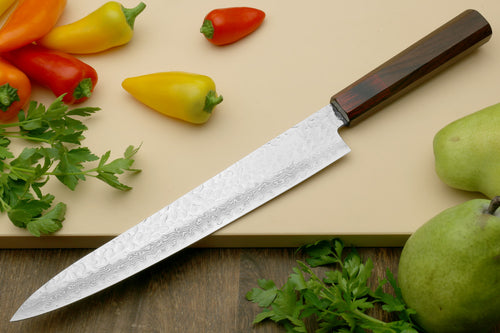 Japanese sujihiki slicer knife with hammered Damascus blade and rosewood octagonal handle