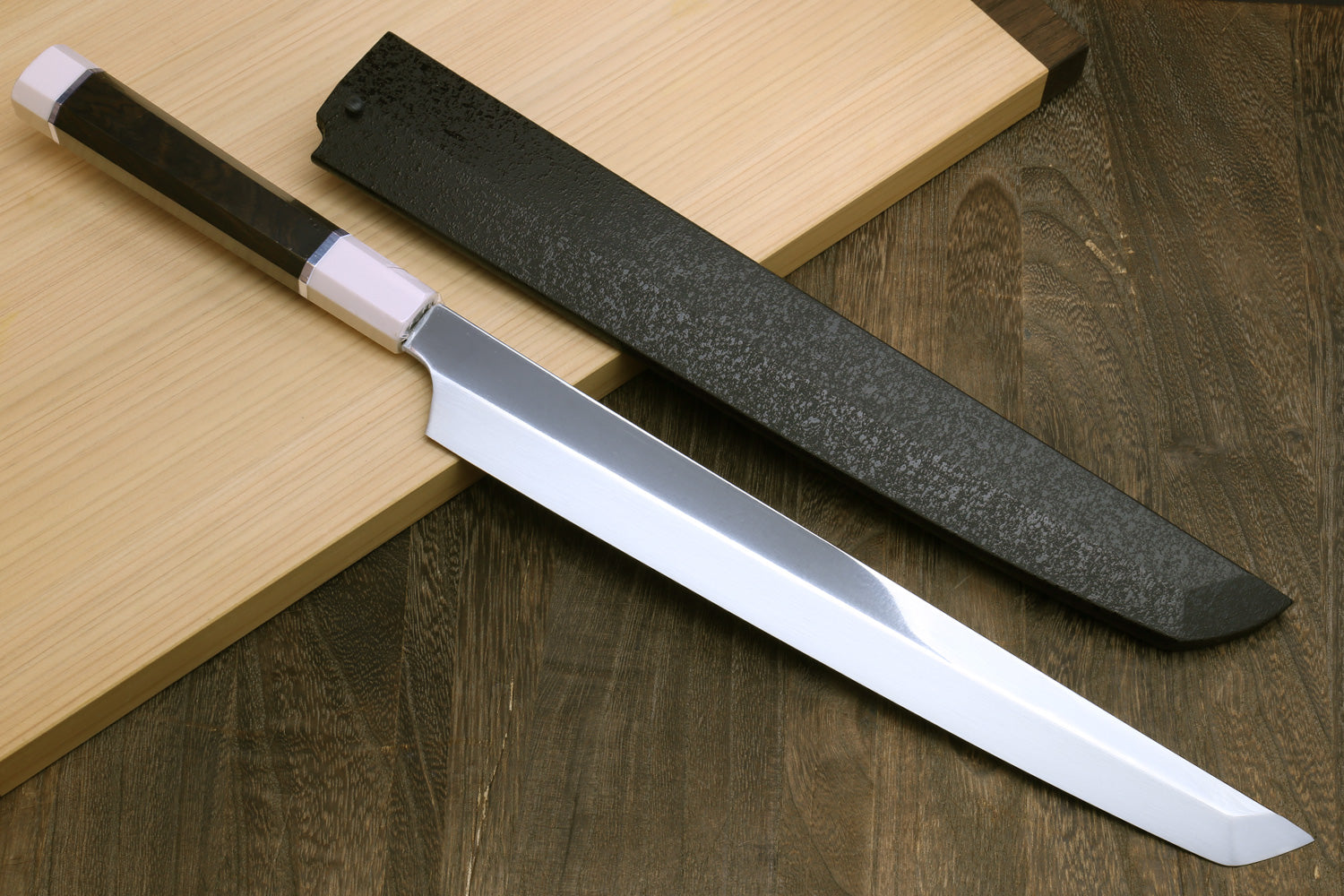 Japanese sushi sashimi knife with dark grey VG-10 blade and white handle rings