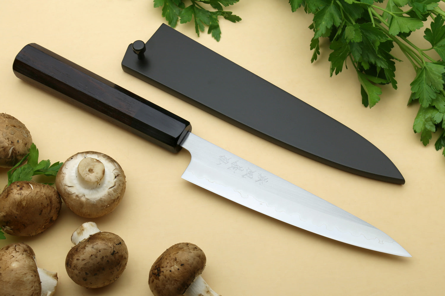 Stainless clad petty utility knife with dark rosewood handle and dark saya cover
