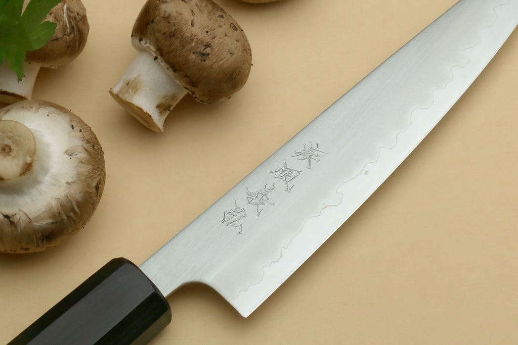 Stainless clad petty utility knife blade with etched details and dark handle