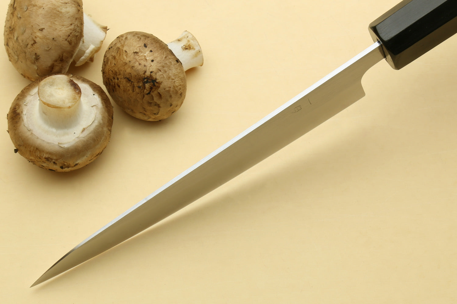 Stainless clad petty utility knife with silver blade and dark handle, tip view