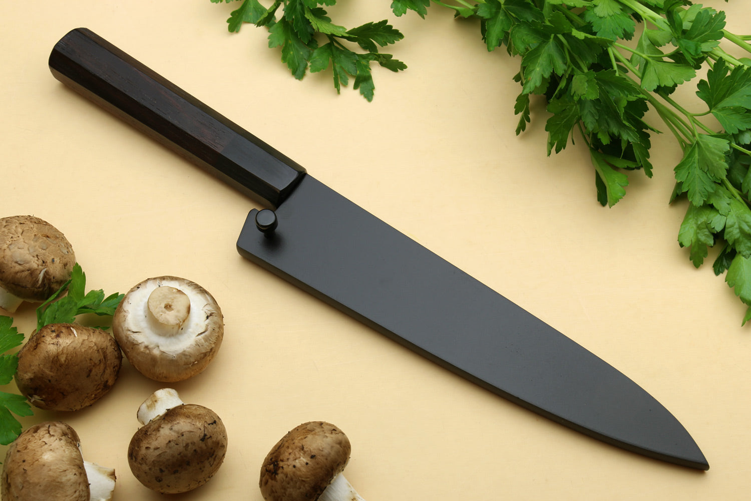 Stainless clad petty utility knife with dark rosewood handle and saya cover