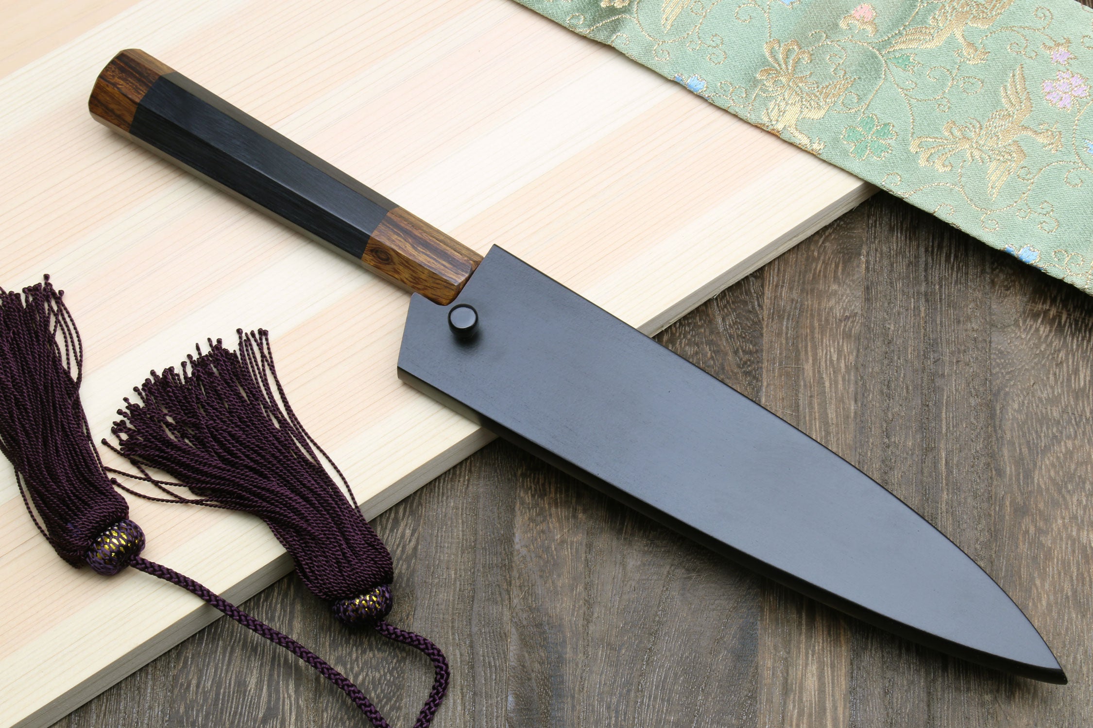 Petty utility knife with dark ebony handle, stainless blade, dark saya and purple tassel