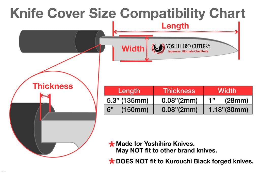 Knife cover size compatibility chart with length, thickness, and width measurements.