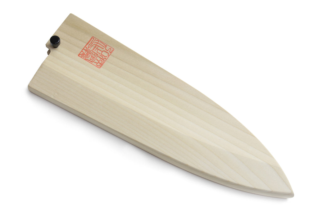 Natural wooden saya knife cover with pointed end, red stamp, and black pin detail