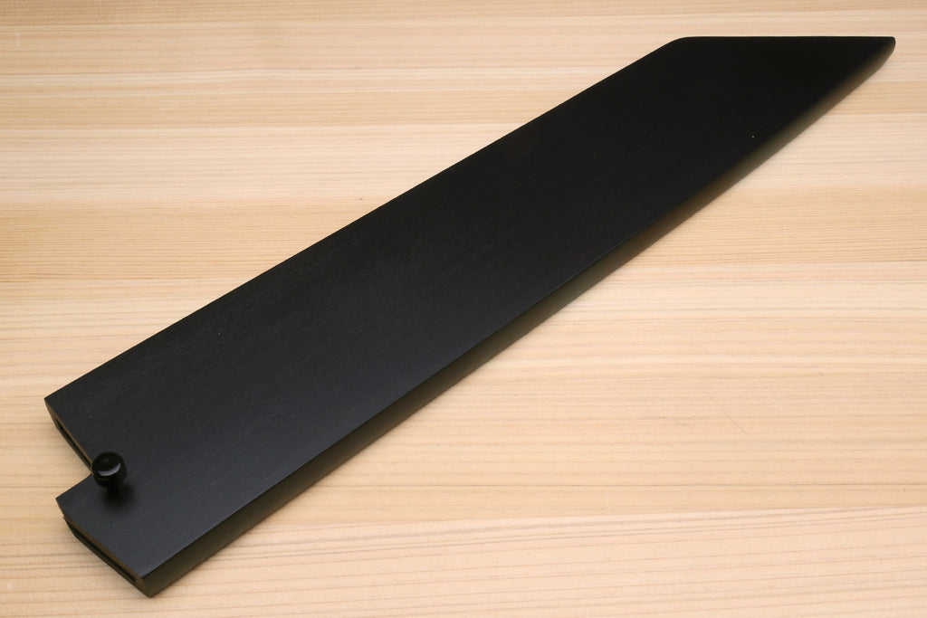 Lacquered wooden saya cover with pointed tip and raised heel guard, dark finish