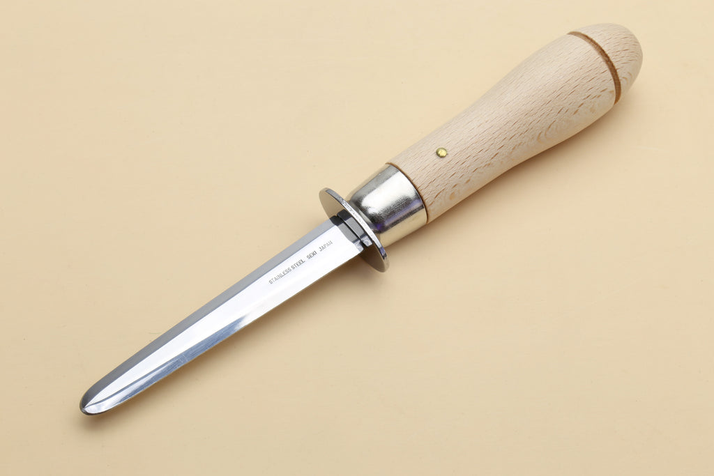 Oyster clam knife with light wood handle, polished metal guard, and tapered blade