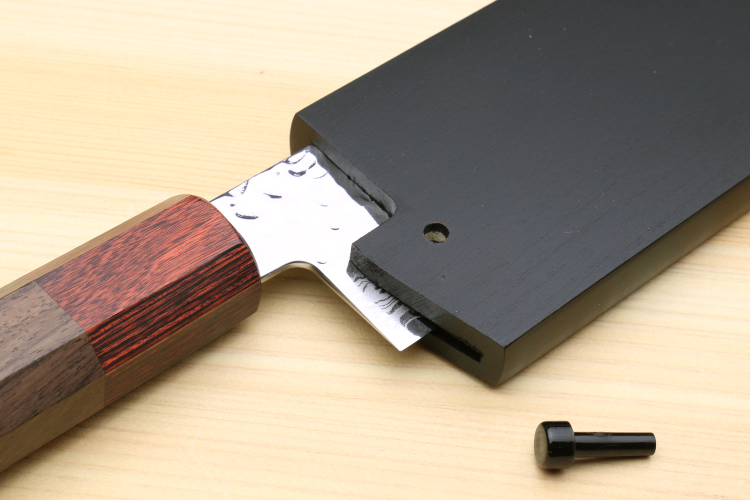 Lacquered wooden saya cover with blade slot and included locking pin
