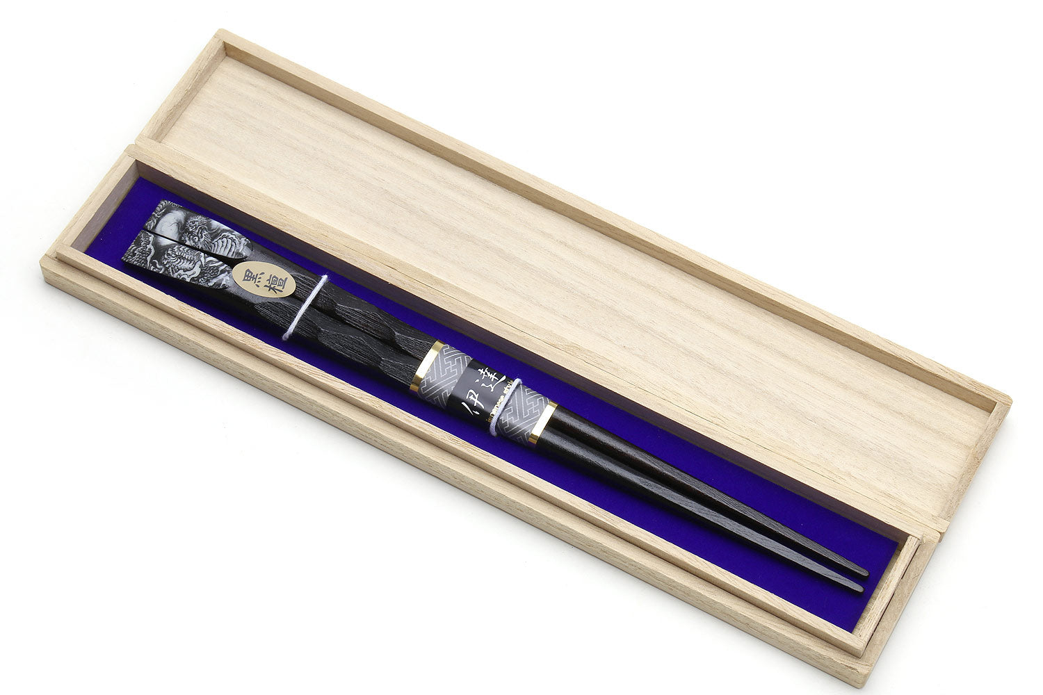 Japanese black lacquer chopsticks with dragon in light wood presentation box