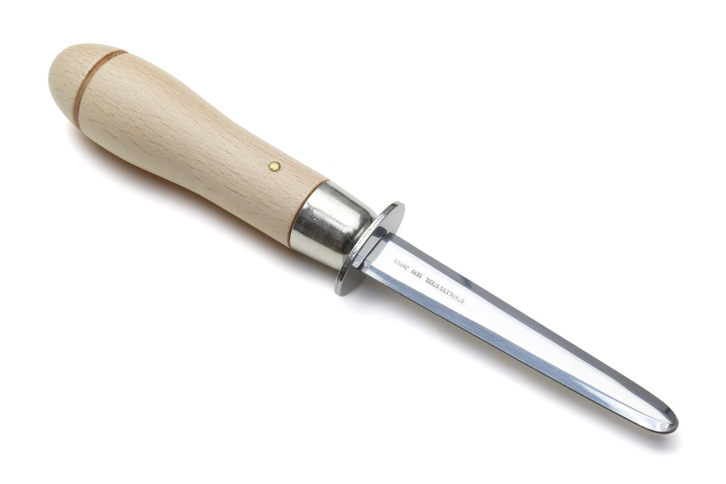 Clam oyster knife with short light wood handle, metal bolster, and pointed stainless blade