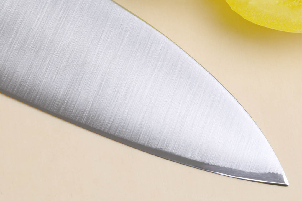 Santoku chef's knife blade, brushed silver steel with pointed tip
