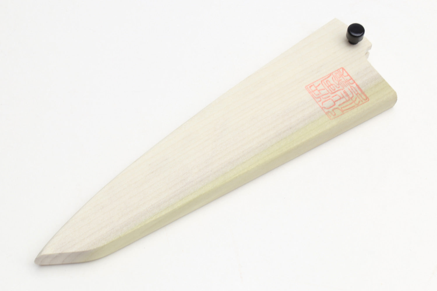 Natural magnolia wood blade protector cover, tapered tip, black knob, red logo label