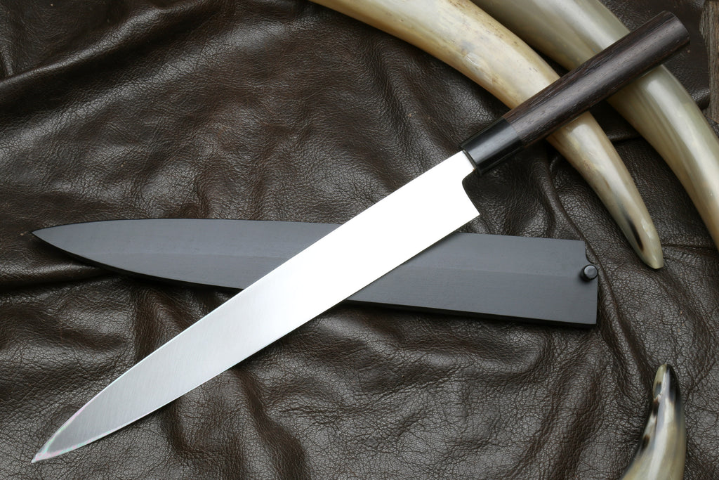 Yanagi sushi knife with stainless blade and dark saya cover, rosewood handle