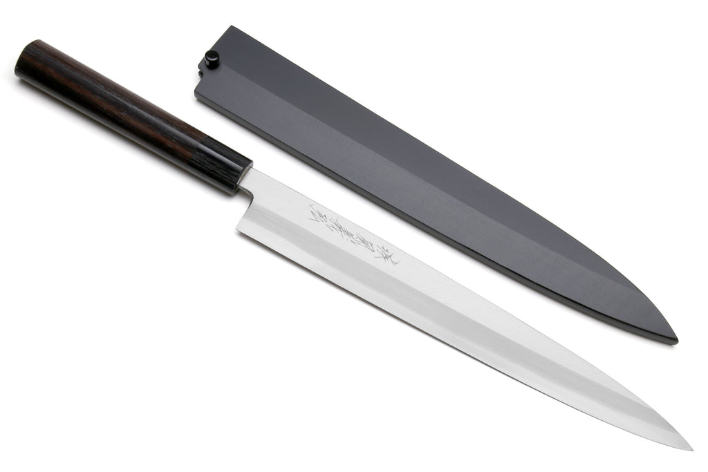 Yanagi sushi knife with stainless blade and matching saya cover, rosewood handle