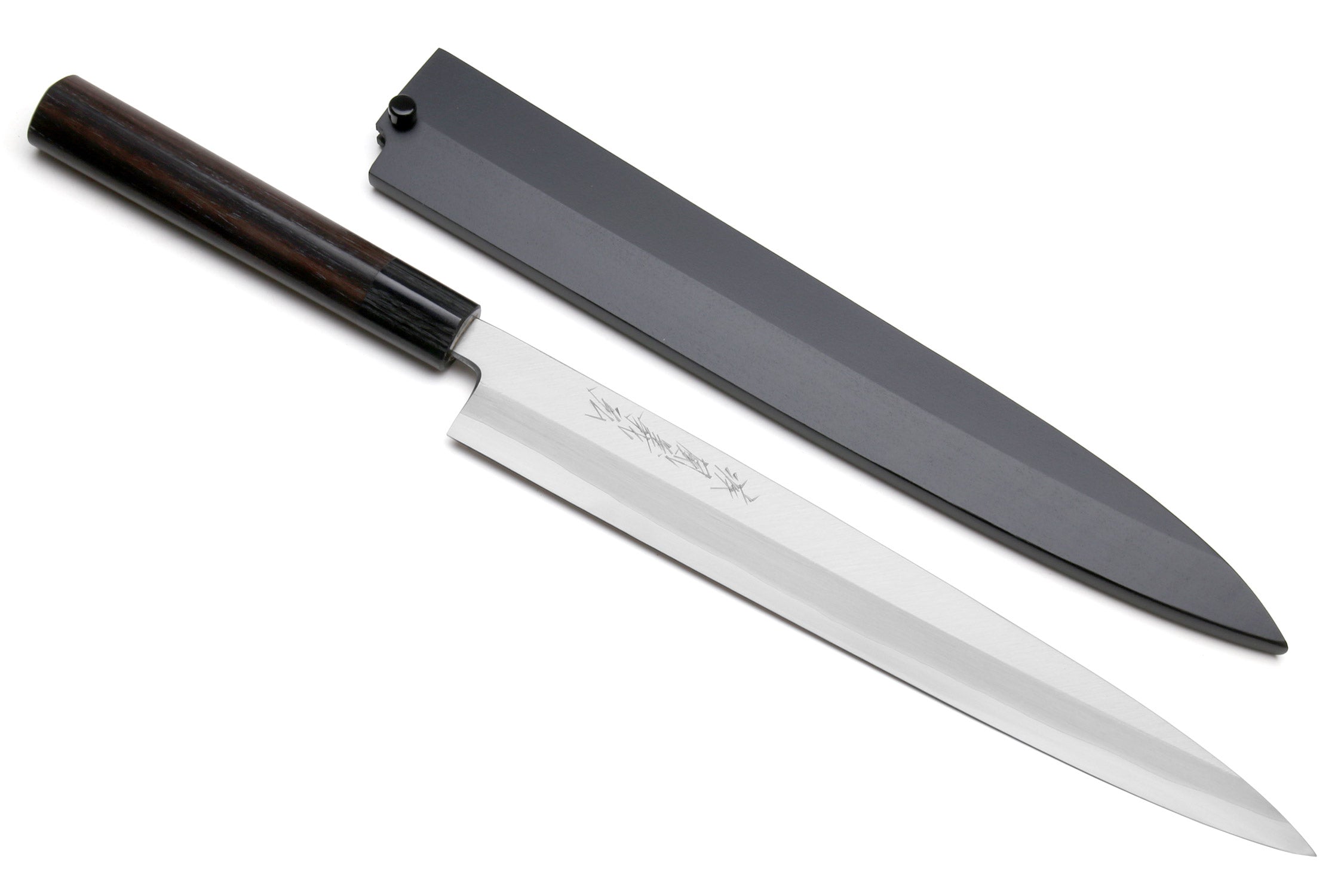 Yanagi sushi knife with stainless blade and matching saya cover, rosewood handle