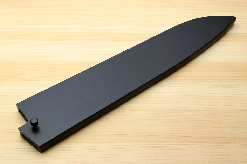 Dark lacquered wooden saya cover for a long knife blade with two mounting studs