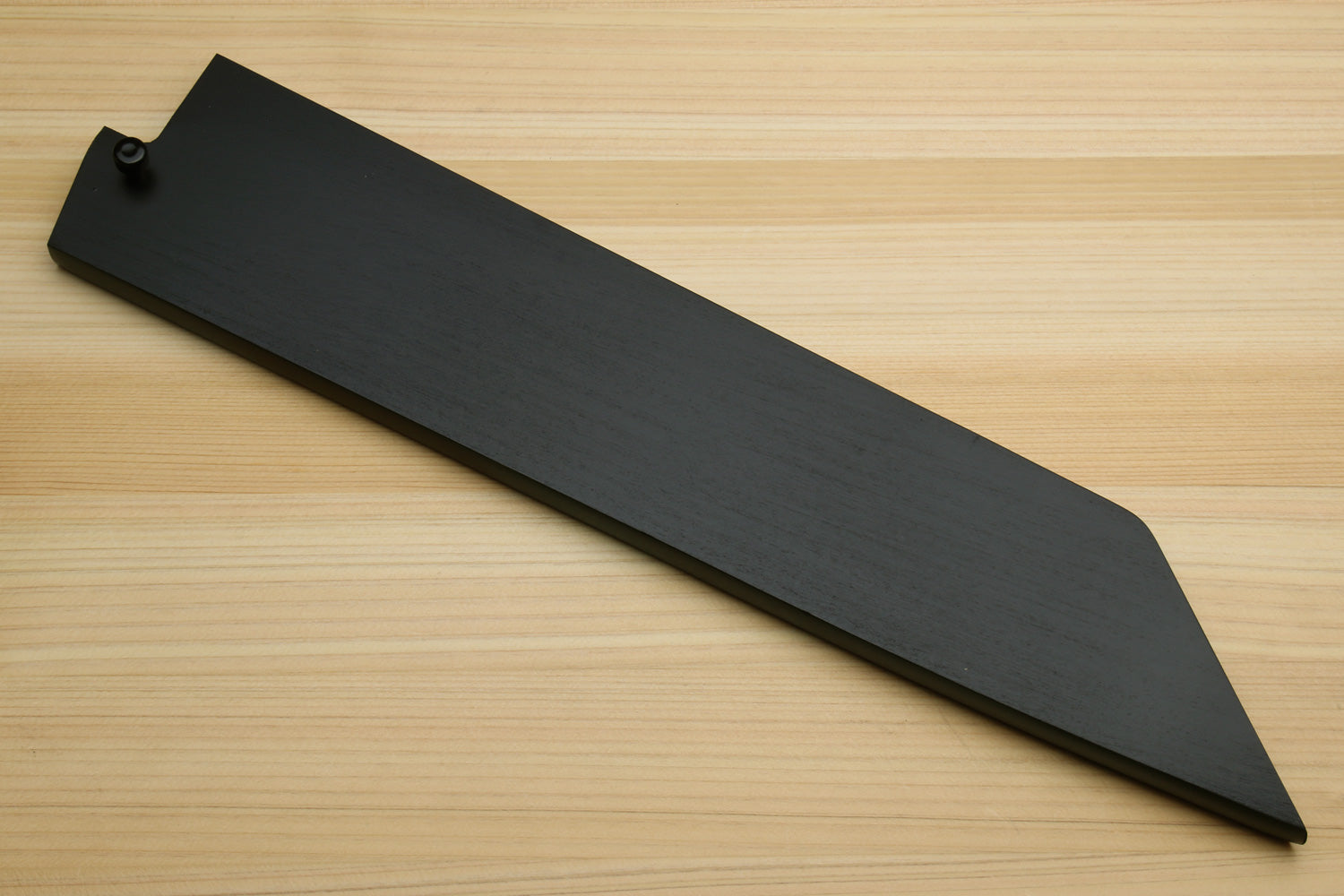 Lacquered wooden saya cover with hanging hole and long flat profile, dark finish