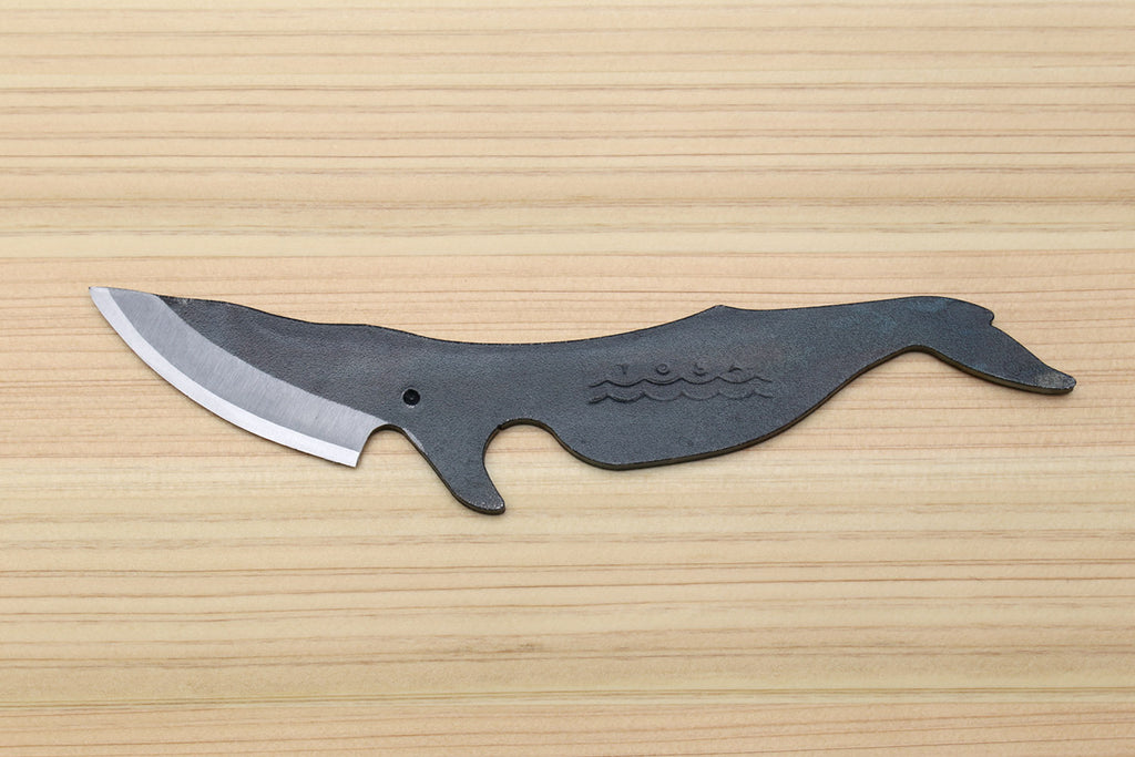 Whale utility knife with blue-gray body and silver edge, full-length