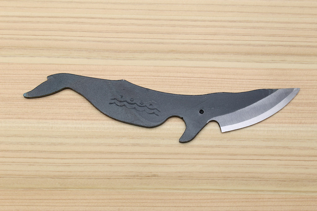 Whale utility knife with blue-gray handle and curved stainless blade, side view