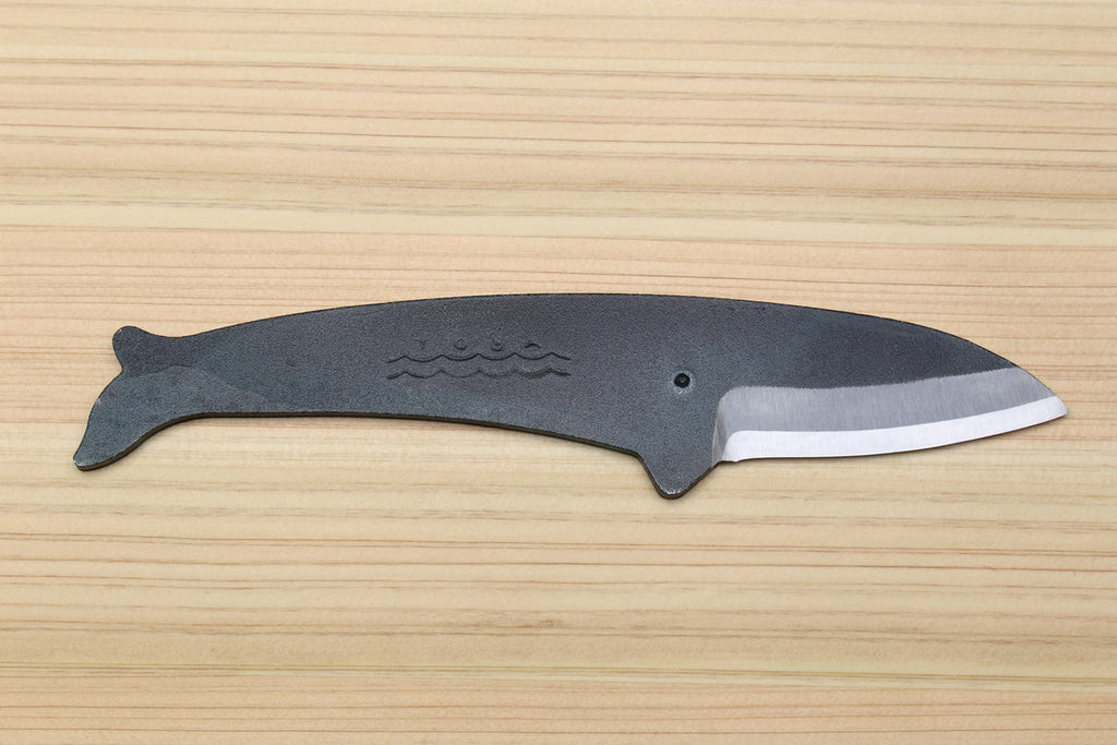 Utility knife with dark kurouchi finish, whale pattern, and straight silver blade