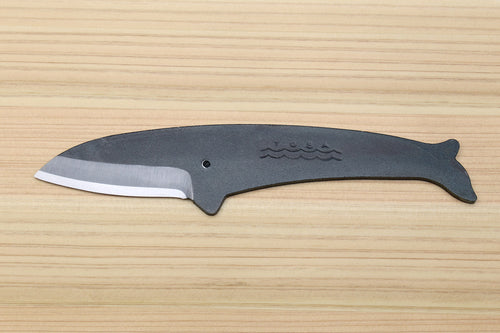 Whale utility knife with dark blue handle, silver blade edge, wavy emblem