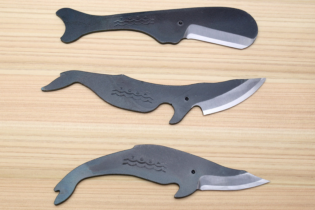 3-piece whale-shaped Japanese utility knife set with dark kurouchi steel blades