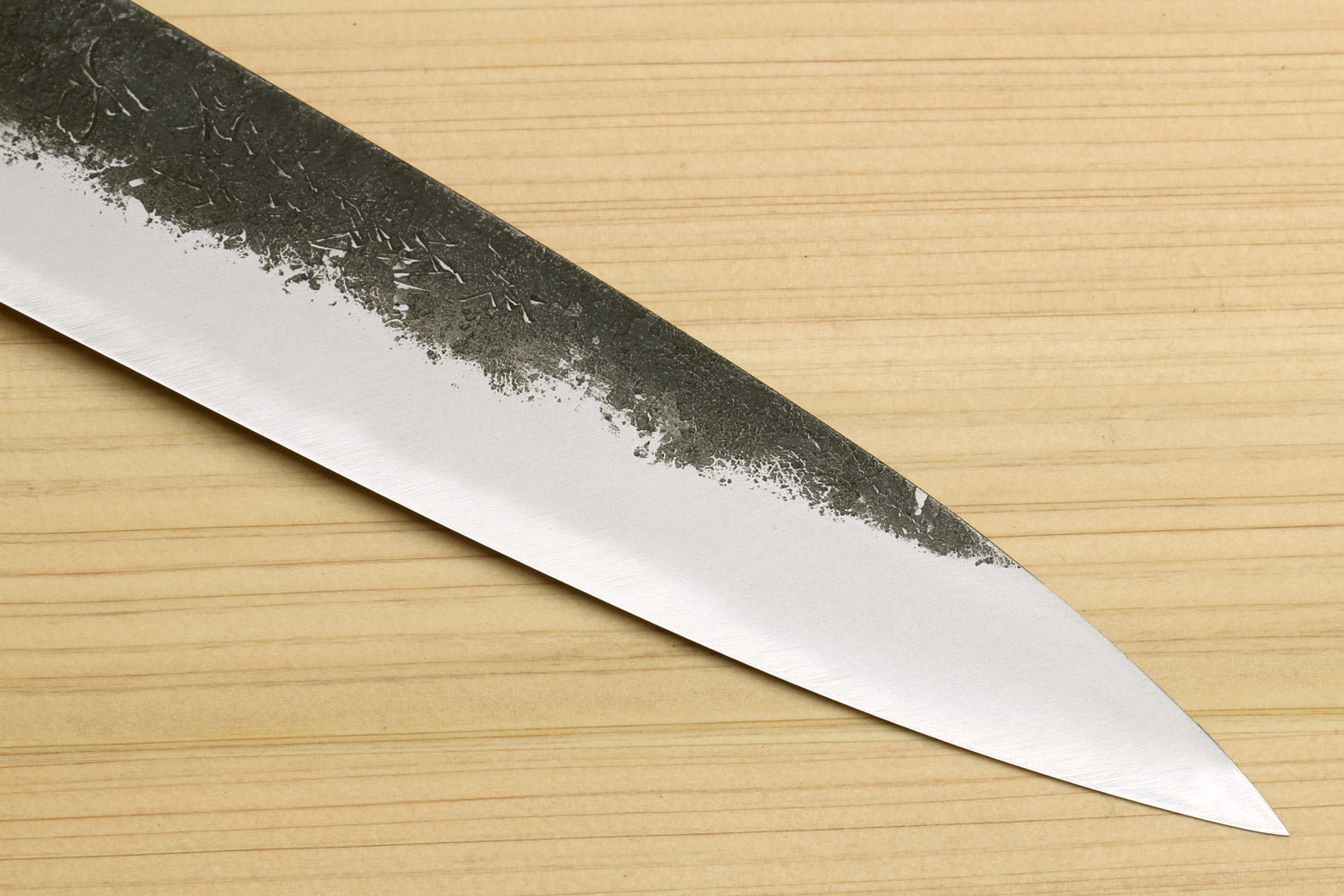 Petty utility knife blade with dark speckled finish and sharp pointed tip