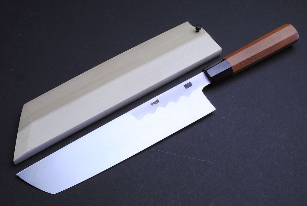 Japanese eel bone slicer knife with polished steel blade and yew handle.
