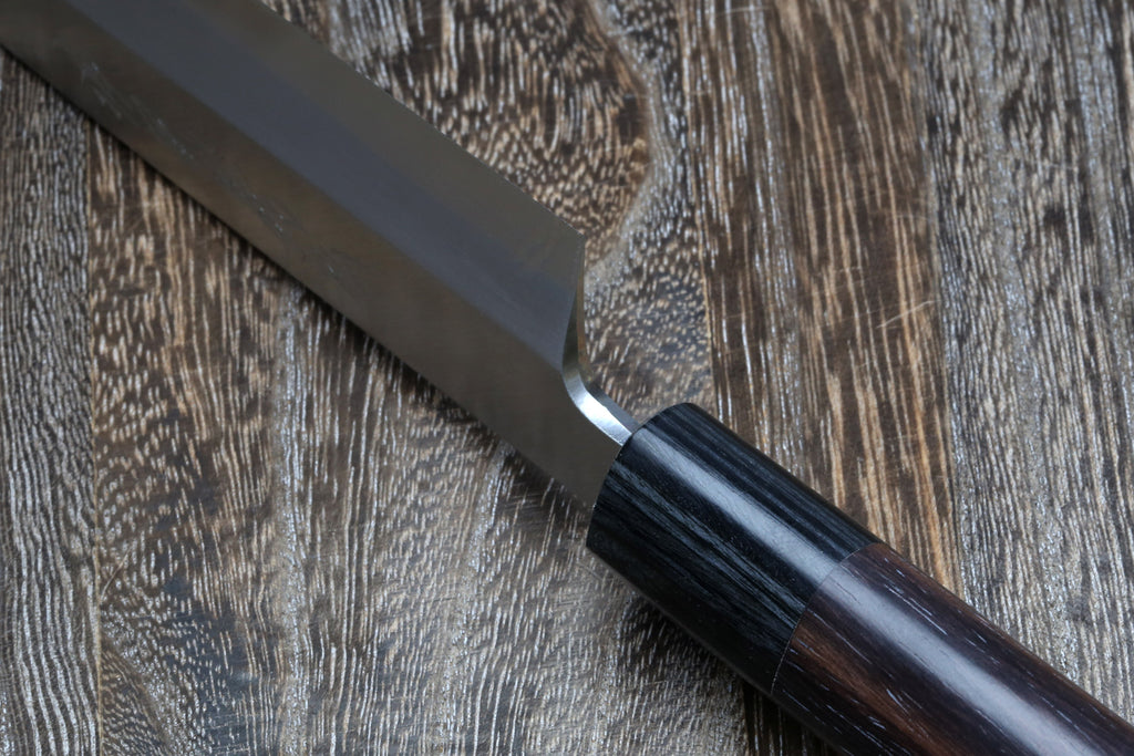 Rosewood-handled Yanagi sushi knife with stainless blade and bolster